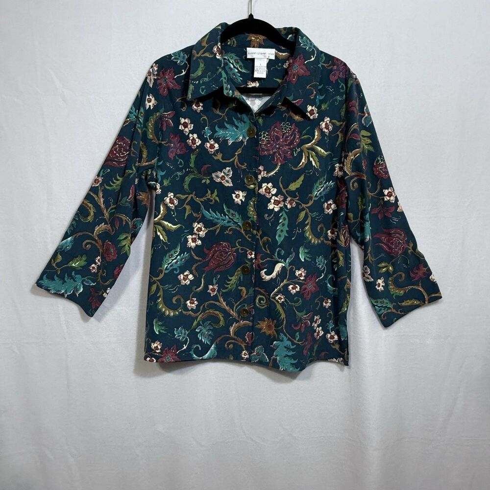 Susan Graver Style Teal Floral 3/4 Sleeve Button Up Shirt Blouse Women's L
